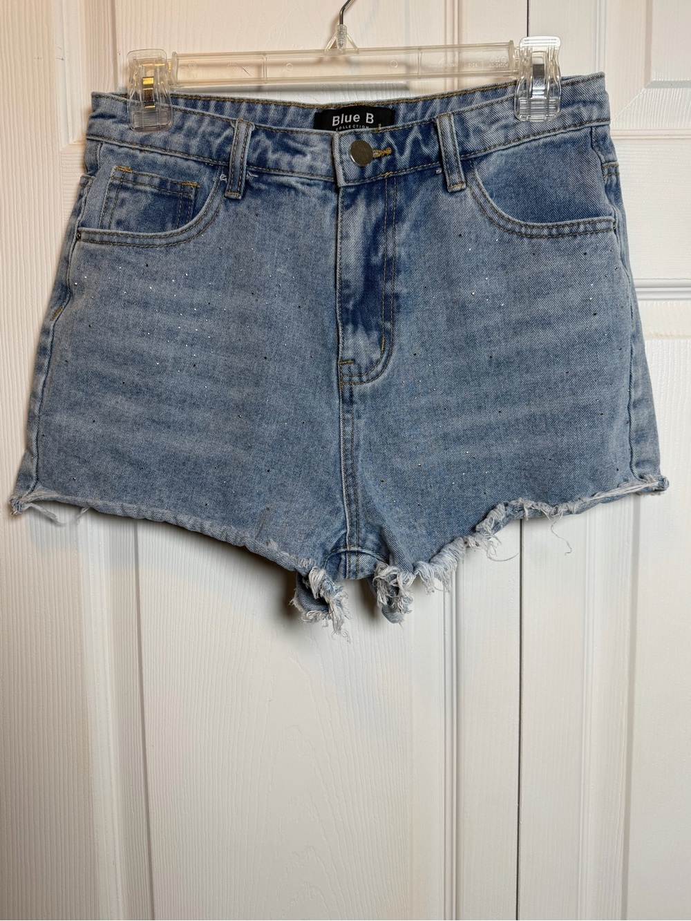 Blue B Rhinestone Denim Shorts Medium Light Wash Frayed Hem High Rise